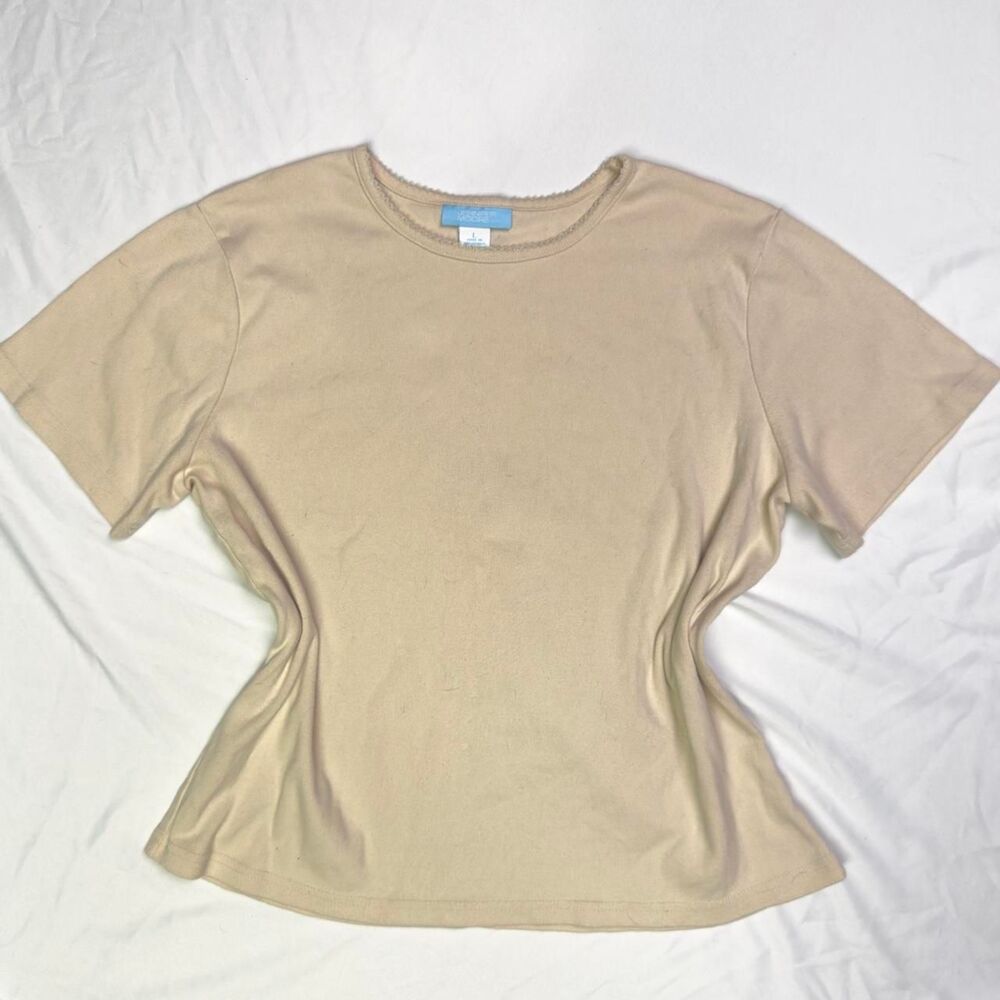 jennifer moore vintage 90s/y2k picot trim scoop neck knit cream short sleeve top